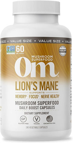 OM Mushroom Superfood Lion's Mane Mushroom Capsules Superfood Supplement, 180 Count, 60 Days, Fruit Body and Mycelium Nootropic for Memory Support, Focus, Clarity, Nerve Health, Creativity and Mood