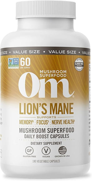 OM Mushroom Superfood Lion's Mane Mushroom Capsules Superfood Supplement, 180 Count, 60 Days, Fruit Body and Mycelium Nootropic for Memory Support, Focus, Clarity, Nerve Health, Creativity and Mood