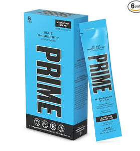 PRIME Hydration+ Sticks BLUE RASPBERRY | Hydration Powder Single Serve Sticks | Electrolyte Powder On the Go | 250mg BCAAs, B Vitamins, Antioxidants | Low Sugar | Caffeine-Free | Vegan | 6 Pack