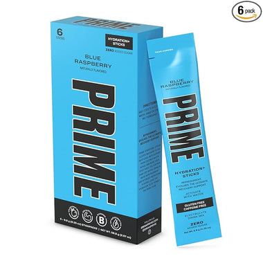 PRIME Hydration+ Sticks BLUE RASPBERRY | Hydration Powder Single Serve Sticks | Electrolyte Powder On the Go | 250mg BCAAs, B Vitamins, Antioxidants | Low Sugar | Caffeine-Free | Vegan | 6 Pack