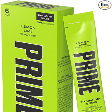 PRIME Hydration+ Sticks LEMON LIME | Hydration Powder Single Serve Sticks | Electrolyte Powder On the Go | 250mg BCAAs, B Vitamins, Antioxidants | Low Sugar | Caffeine-Free | Vegan | 6 Pack
