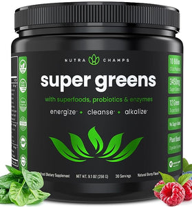 NutraChamps Super Greens Powder Premium Superfood | 20+ Organic Green Veggie Whole Foods | Wheat Grass, Spirulina, Chlorella & More | Antioxidant, Digestive Enzyme & Probiotic Blends