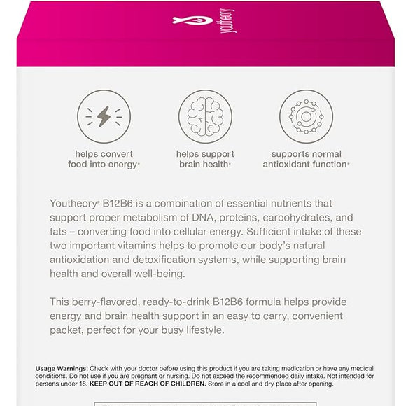 Youtheory Vitamin B12 B6, Daily Energy and Brain Support Supplement, Liquid Raspberry Flavor, 12 – 1oz Single Serving Packets