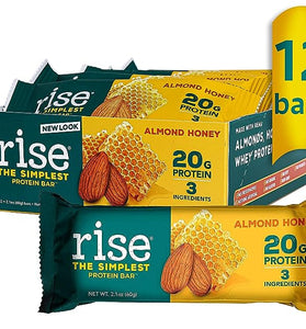Rise Whey Protein Bars - Almond Honey | Healthy Breakfast Bar & Protein Snacks, 20g Protein, 4g Fiber, Just 3 Whole Food Ingredients, Non-GMO Healthy Snacks, Gluten-Free, Soy Free Bar, 12 Pack