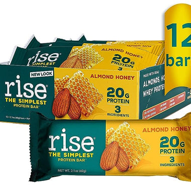 Rise Whey Protein Bars - Almond Honey | Healthy Breakfast Bar & Protein Snacks, 20g Protein, 4g Fiber, Just 3 Whole Food Ingredients, Non-GMO Healthy Snacks, Gluten-Free, Soy Free Bar, 12 Pack