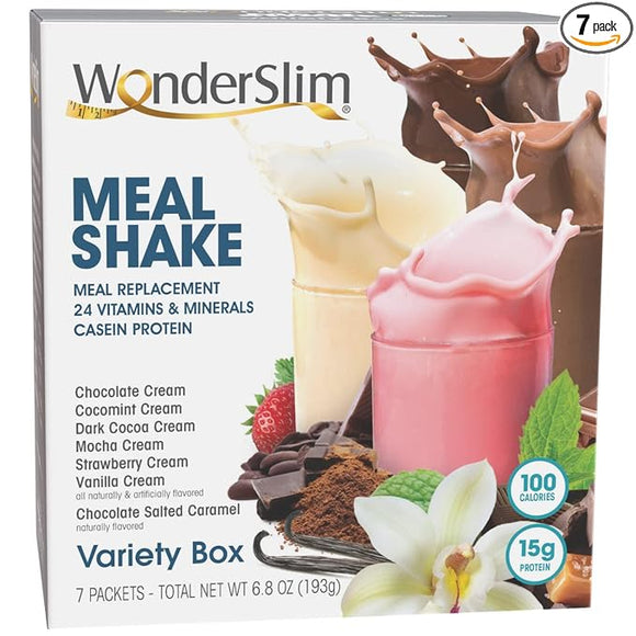 WonderSlim Meal Replacement Shake, Variety Pack, 100 Calories, 15g Protein, 24 Vitamins & Minerals (7ct)