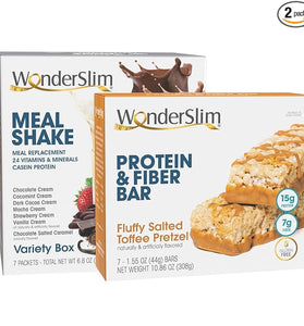 WonderSlim Aspartame Free Meal Shake Variety Pack & Fluffy Salted Toffee Pretzel Protein and Fiber Bar Bundle