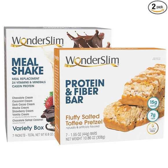 WonderSlim Aspartame Free Meal Shake Variety Pack & Fluffy Salted Toffee Pretzel Protein and Fiber Bar Bundle