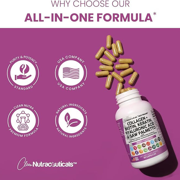 Collagen Pills 1000mg Biotin 10000mcg Keratin Saw Palmetto 2500mg Hyaluronic Acid - Hair Skin and Nails Vitamins and DHT Blocker with Vitamin E Folic Acid Pumpkin Seed MSM Made in USA - 90 Count