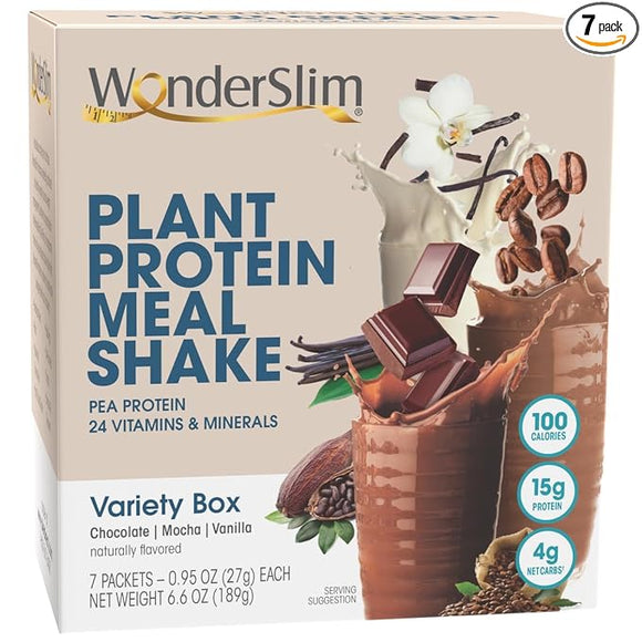 WonderSlim Plant Based Meal Replacement Shake, Variety Pack, 15g Protein, Keto Friendly, 1g Sugar or Less, No Gluten, Soy, or Dairy (7ct)