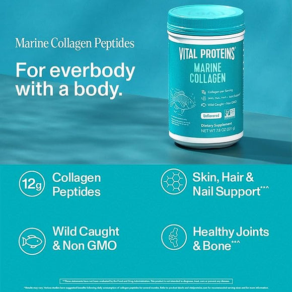 Vital Proteins Marine Collagen Peptides Powder Supplement for Skin Hair Nail Joint - Hydrolyzed Collagen - 12g per Serving - 7.8 oz Canister