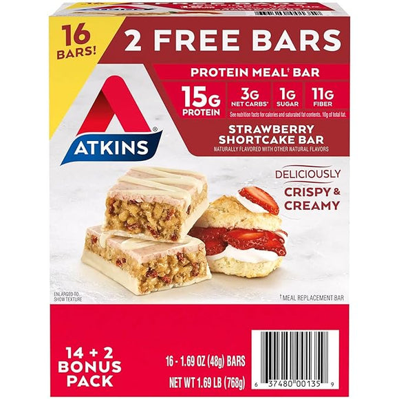 Atkins Strawberry Shortcake Protein Meal Bar (14 Count + 2 Bonus Bars)