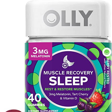 OLLY Muscle Recovery Sleep Gummies, Sleep and Sore Muscle Support, 3mg Melatonin, Tart Cherry, Vitamin D, Berry Flavor - 40 Count
