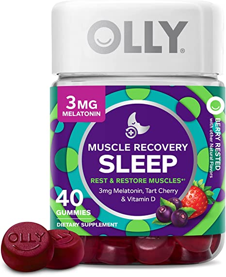 OLLY Muscle Recovery Sleep Gummies, Sleep and Sore Muscle Support, 3mg Melatonin, Tart Cherry, Vitamin D, Berry Flavor - 40 Count