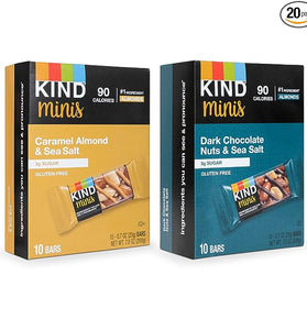 Kind Minis, Variety Pack. Contains 1 Caramel Almond & ‎Sea Salt, and 1 Dark Chocolate Nuts & Sea Salt, Low ‎Calorie, Gluten Free, Low Sugar, Healthy Snacks, Ilios ‎Packaging. [20 Bars]‎