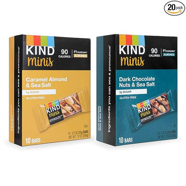 Kind Minis, Variety Pack. Contains 1 Caramel Almond & ‎Sea Salt, and 1 Dark Chocolate Nuts & Sea Salt, Low ‎Calorie, Gluten Free, Low Sugar, Healthy Snacks, Ilios ‎Packaging. [20 Bars]‎