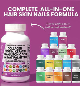 Collagen Pills 1000mg Biotin 10000mcg Keratin Saw Palmetto 2500mg Hyaluronic Acid - Hair Skin and Nails Vitamins and DHT Blocker with Vitamin E Folic Acid Pumpkin Seed MSM Made in USA - 90 Count