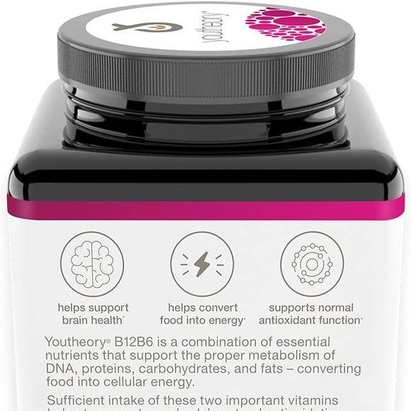 Youtheory Vitamin B12 B6, Daily Energy and Brain Support Supplement, Vegetarian Capsules, 60 ct