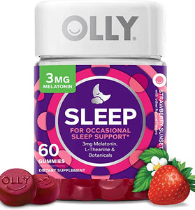 OLLY Sleep Gummy, Occasional Sleep Support, 3 mg Melatonin, L-Theanine, Chamomile, Lemon Balm, Sleep Aid, Strawberry, 60 Count
