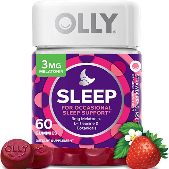 OLLY Sleep Gummy, Occasional Sleep Support, 3 mg Melatonin, L-Theanine, Chamomile, Lemon Balm, Sleep Aid, Strawberry, 60 Count