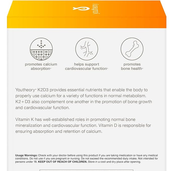 Youtheory K2 and D3 Daily Vitamin Supplement for Calcium Absorption, Bone Strength and Cardiovascular Support, Liquid Peach Flavor, 12 – 1oz Single Serving Packets