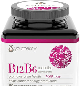 Youtheory Vitamin B12 B6, Daily Energy and Brain Support Supplement, Vegetarian Capsules, 60 ct