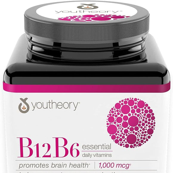 Youtheory Vitamin B12 B6, Daily Energy and Brain Support Supplement, Vegetarian Capsules, 60 ct