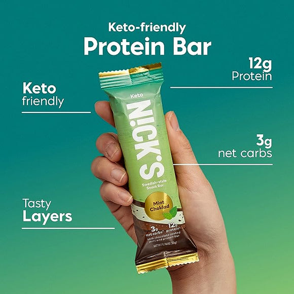Nick's Swedish-Style Snack Bar, Mint Chocolate, Keto Protein Bar, 12g Protein, Low Carb, Low Sugar, Meal Replacement Bar, Keto-Friendly Snack,12-Count