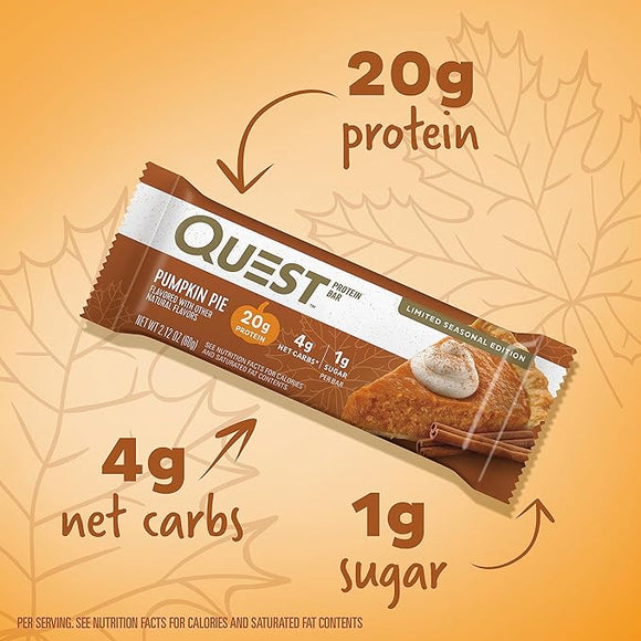 Quest Nutrition Pumpkin Pie Protein Bar, 20g Protein, 4g Net Carb, 1g Sugar, Gluten Free, 12 Count