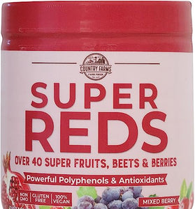 Country Farms Super Reds, Energizing Polyphenol Superfood, 48 Super Fruits and Berries, Powerful Antioxidants and Polyphenols, Supports Energy, 20 Servings, Mixed Berry Flavor