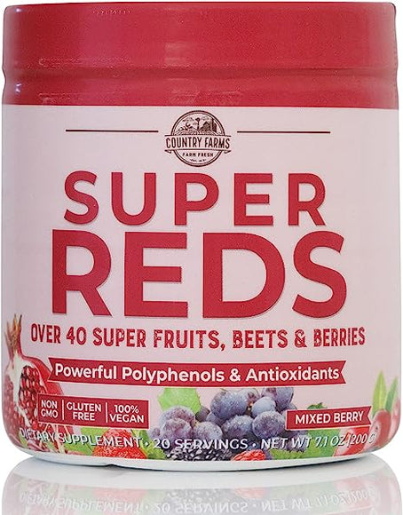 Country Farms Super Reds, Energizing Polyphenol Superfood, 48 Super Fruits and Berries, Powerful Antioxidants and Polyphenols, Supports Energy, 20 Servings, Mixed Berry Flavor