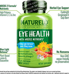 NATURELO Eye Vitamins - AREDS 2 Formula Nutrients with Lutein, Zeaxanthin, Vitamin C, E, Zinc, Plus DHA - Supplement for Dry Eyes, Healthy Vision, Eye Support - 60 Vegan Capsules