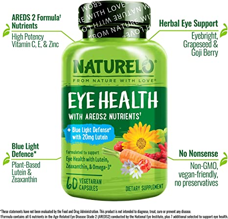 NATURELO Eye Vitamins - AREDS 2 Formula Nutrients with Lutein, Zeaxanthin, Vitamin C, E, Zinc, Plus DHA - Supplement for Dry Eyes, Healthy Vision, Eye Support - 60 Vegan Capsules
