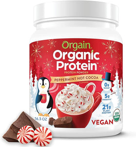 Orgain Organic Vegan Protein Powder, Peppermint Hot Cocoa Seasonal Holiday Flavor - 21g of Plant Based Protein, Non Dairy, Gluten Free, 2g of Fiber, No Sugar Added, Soy Free, Non-GMO, 1.02 Lb