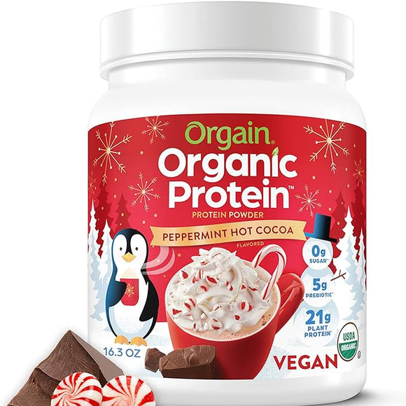 Orgain Organic Vegan Protein Powder, Peppermint Hot Cocoa Seasonal Holiday Flavor - 21g of Plant Based Protein, Non Dairy, Gluten Free, 2g of Fiber, No Sugar Added, Soy Free, Non-GMO, 1.02 Lb