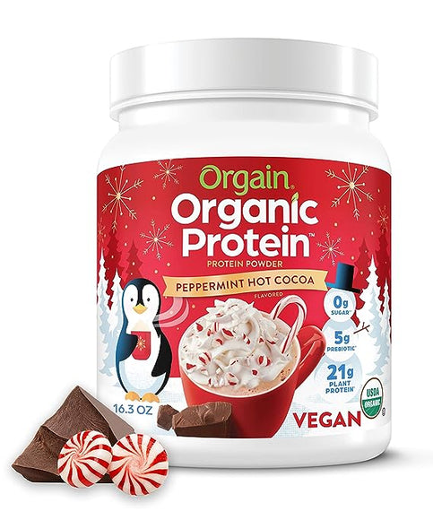 Orgain Organic Vegan Protein Powder, Holiday Peppermint Hot Cocoa - 21g Plant Based Protein, Gluten Free, Dairy Free, Lactose Free, Soy Free, No Sugar Added, Kosher, For Smoothies & Shakes