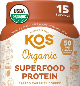 KOS Vegan Protein Powder, Salted Caramel Coffee - Low Carb Pea Protein Blend, Organic Plant Superfood Rich in Vitamins & Minerals - Keto, Dairy Free - Meal Replacement for Women & Men - 15 Servings
