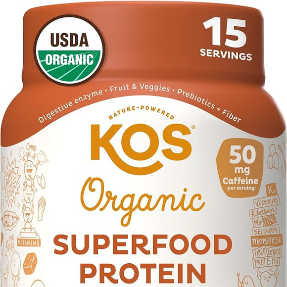 KOS Vegan Protein Powder, Salted Caramel Coffee - Low Carb Pea Protein Blend, Organic Plant Superfood Rich in Vitamins & Minerals - Keto, Dairy Free - Meal Replacement for Women & Men - 15 Servings