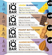 IQBAR Brain and Body Keto Protein Bars - Chocolate Lovers Variety and Lemon Blueberry - 12 Count Energy Bars - Low Carb Protein Bars - High Fiber Vegan Bars Low Sugar Meal Replacement Bars