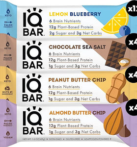 IQBAR Brain and Body Keto Protein Bars - Chocolate Lovers Variety and Lemon Blueberry - 12 Count Energy Bars - Low Carb Protein Bars - High Fiber Vegan Bars Low Sugar Meal Replacement Bars