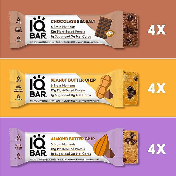IQBAR Brain and Body Keto Protein Bars - Chocolate Lovers Variety Keto 12-Count Energy Bars - Low Carb/Sugar High Fiber Meal Replacement Bars - Vegan Snacks