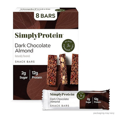 SimplyProtein Low Carb Protein Bar, Pack of 8, Dark Chocolate Almond, Plant Based High Protein, Low Sugar Protein Bars