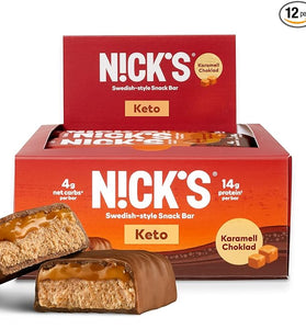 Nick's Protein Bars Chocolate Caramel | 14g protein | 170 calories | Low Carb Keto Friendly Snacks No Added Sugar (Multipack 12 bars x 50g)