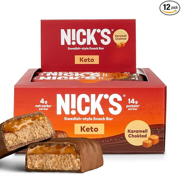 Nick's Protein Bars Chocolate Caramel | 14g protein | 170 calories | Low Carb Keto Friendly Snacks No Added Sugar (Multipack 12 bars x 50g)