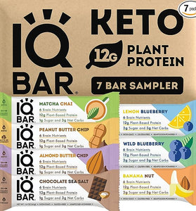 IQBAR Brain and Body Keto Protein Bars - 7 Sampler Keto Bars Pack - Energy Bars - Low Carb Protein Bars - High Fiber, Gluten Free and Low Sugar Meal Replacement Bars - Vegan Snacks
