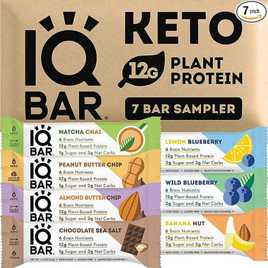 IQBAR Brain and Body Keto Protein Bars - 7 Sampler Keto Bars Pack - Energy Bars - Low Carb Protein Bars - High Fiber, Gluten Free and Low Sugar Meal Replacement Bars - Vegan Snacks