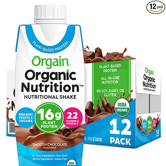 Orgain Organic Vegan Plant Based Nutritional Shake, Smooth Chocolate - Meal Replacement, 16g Protein, 22 Vitamins & Minerals, Dairy Free, Gluten Free, Packaging May Vary, 11 Fl Oz (Pack of 12)