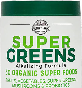 Country Farms Super Greens Natural Flavor, 50 Organic Super Foods, USDA Organic Drink Mix, Super Foods, Mushrooms & Probiotics, Supports Energy, 20 Servings, 10.6 Oz