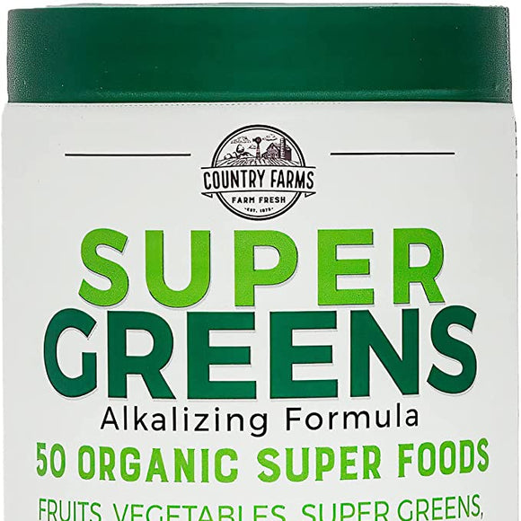 Country Farms Super Greens Natural Flavor, 50 Organic Super Foods, USDA Organic Drink Mix, Super Foods, Mushrooms & Probiotics, Supports Energy, 20 Servings, 10.6 Oz