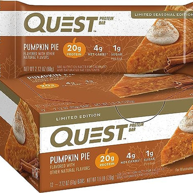 Quest Nutrition Pumpkin Pie Protein Bar, 20g Protein, 4g Net Carb, 1g Sugar, Gluten Free, 12 Count